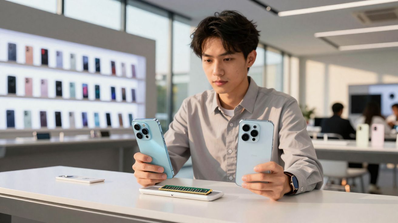 Homem sentado numa loja de tecnologia segurando dois telemóveis modernos azuis.