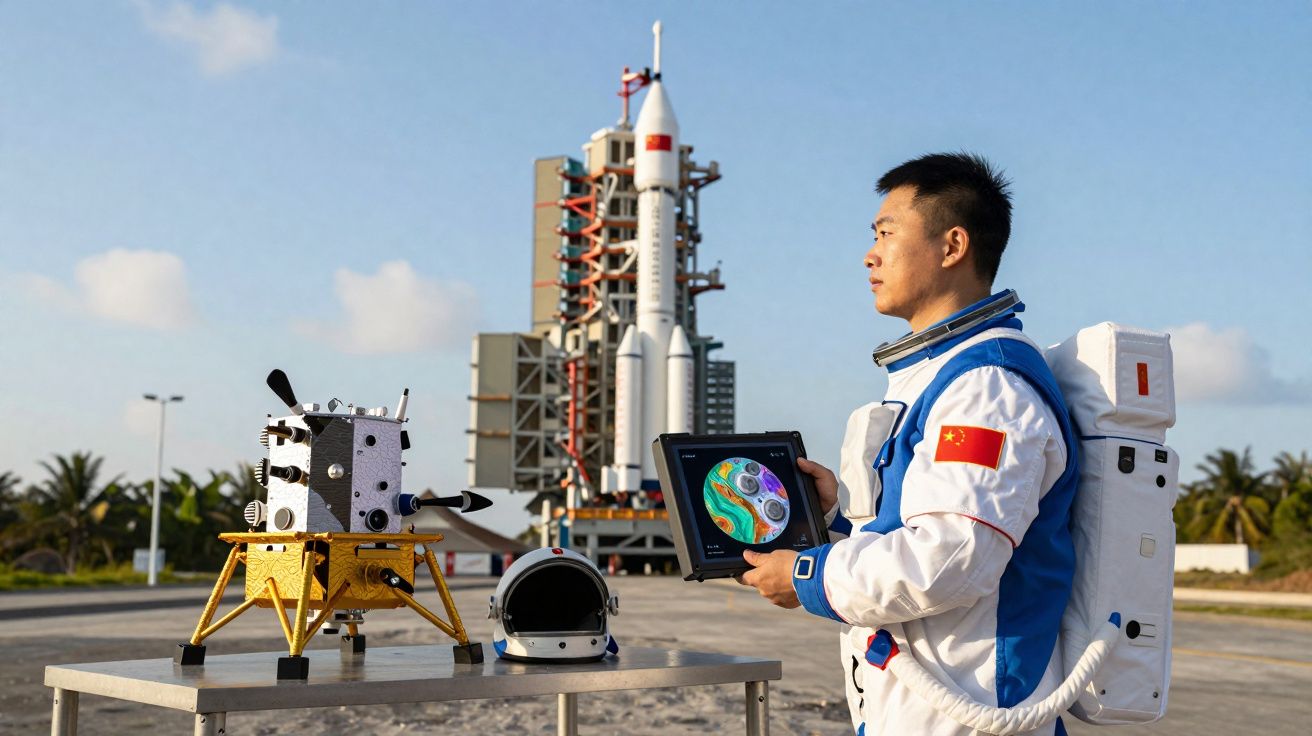 Astronauta chinês em fato espacial com modelo de módulo lunar, capacete e foguetão ao fundo numa plataforma de lançamento.