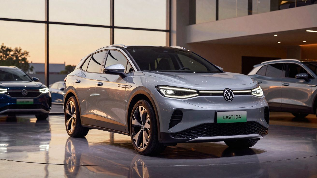 Carro elétrico Volkswagen ID.4 prata estacionado dentro de um salão moderno ao entardecer.