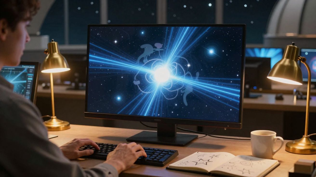 Pessoa a trabalhar num computador com imagem de estrelas e espaço, numa sala com iluminação quente à noite.
