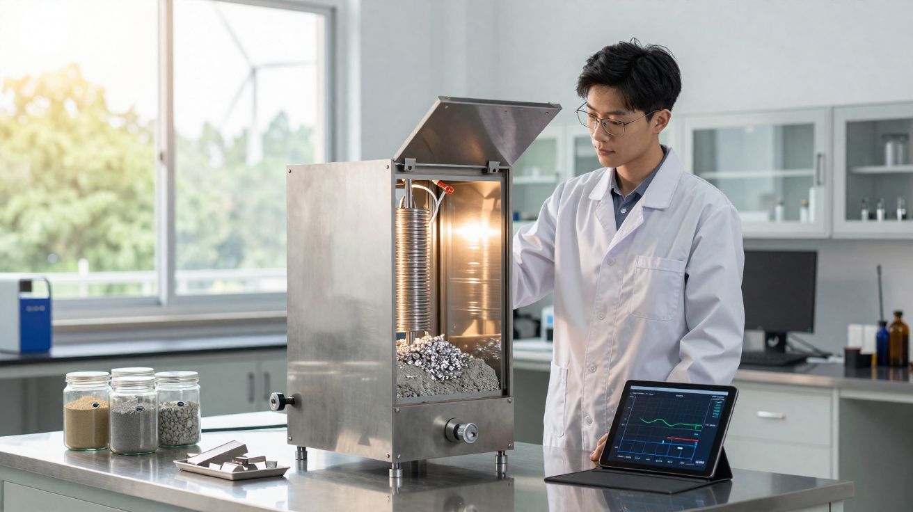 Cientista em laboratório analisa equipamento metálico para experimento com amostras e tablet com gráficos.