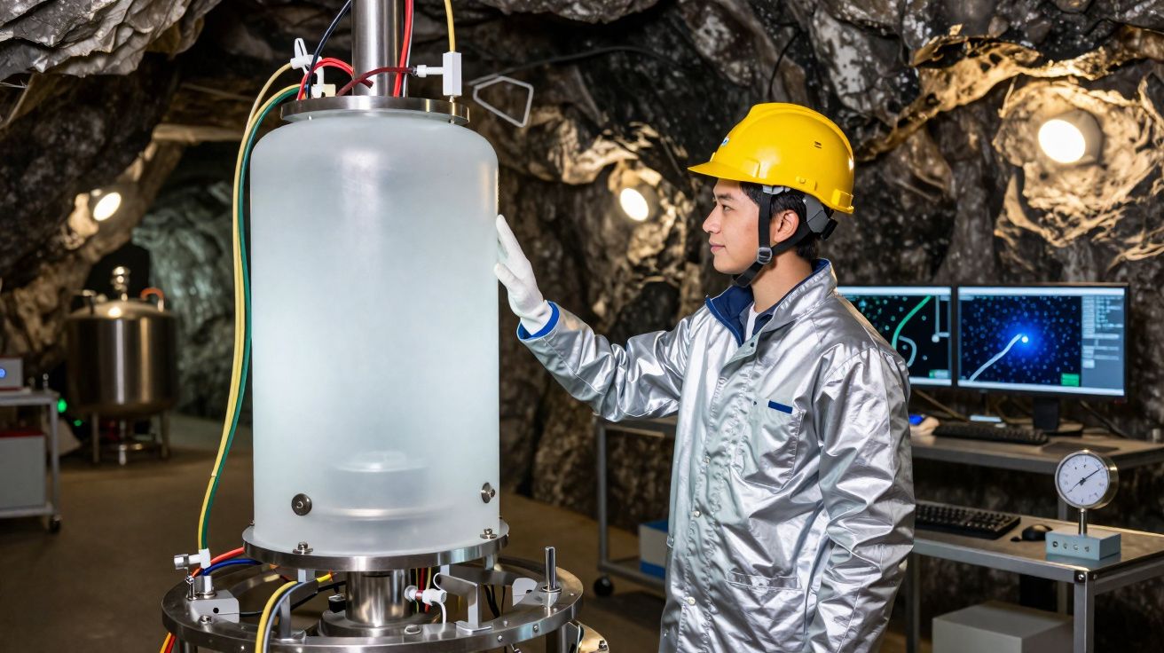 Técnico com capacete amarelo e fato prateado a operar equipamento científico numa caverna com computadores ao fundo.