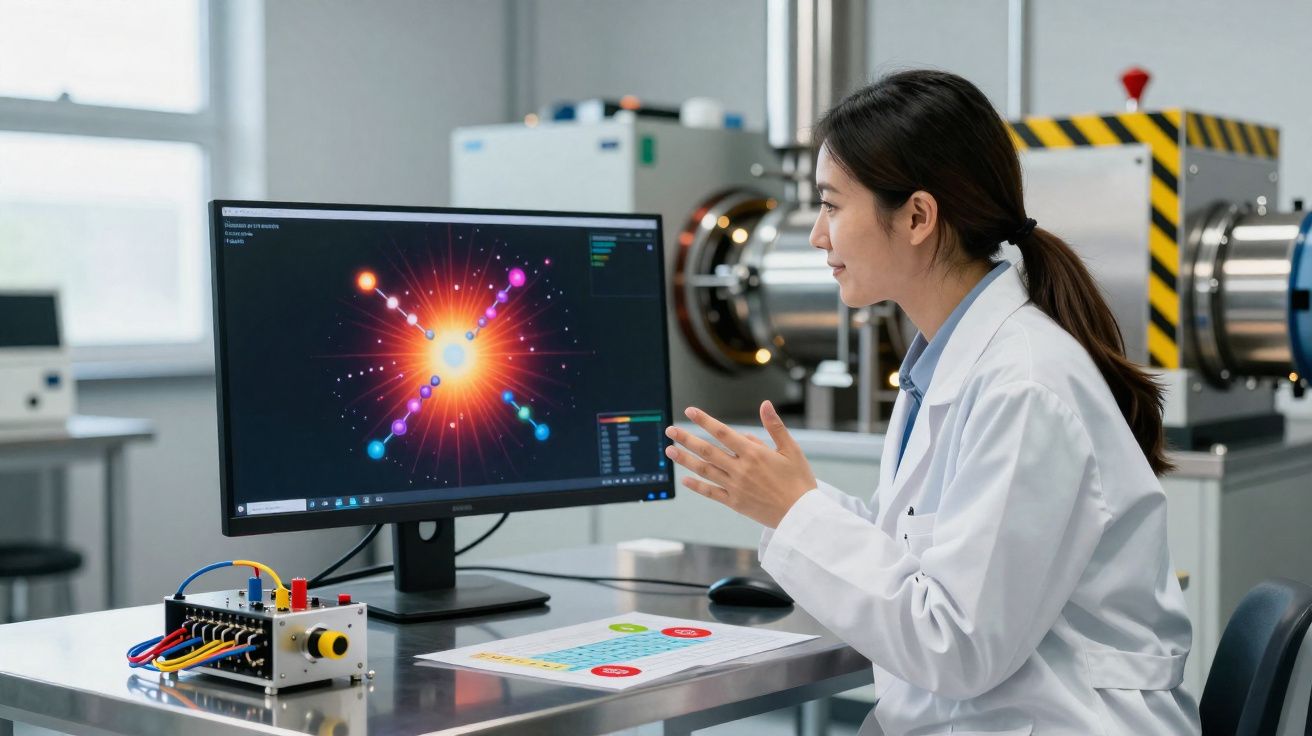 Cientista feminina em laboratório observa modelo atómico colorido numa tela de computador.