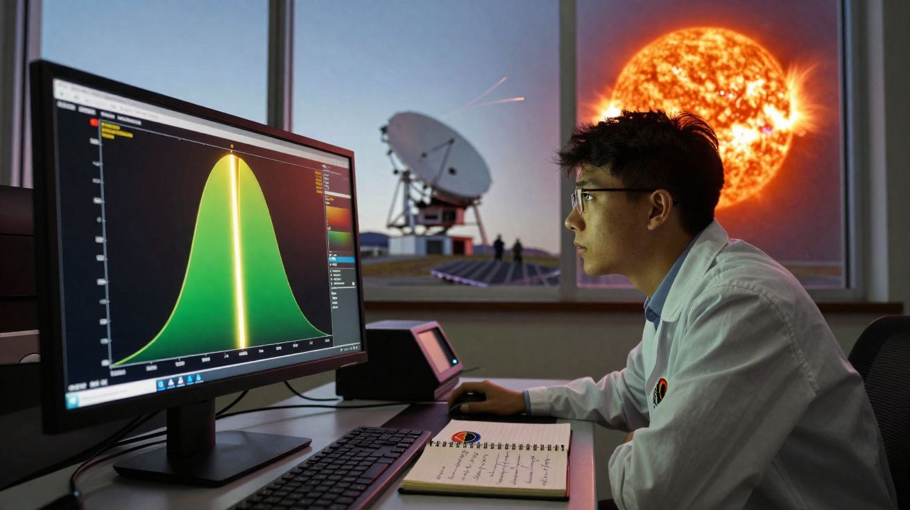 Cientista numa sala a analisar dados num ecrã, com antena parabólica e imagem do sol na janela.