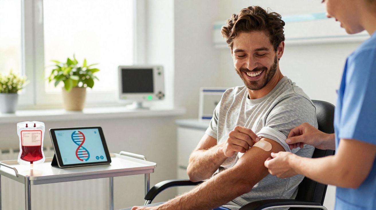 Homem sorri enquanto enfermeira coloca penso adesivo no braço num consultório médico.