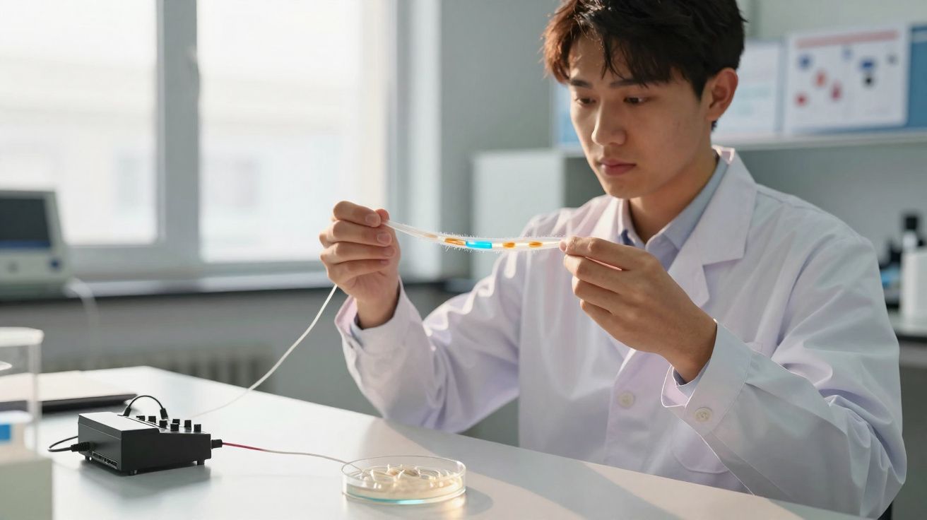 Cientista a segurar tiras de teste com solução colorida num laboratório bem iluminado.