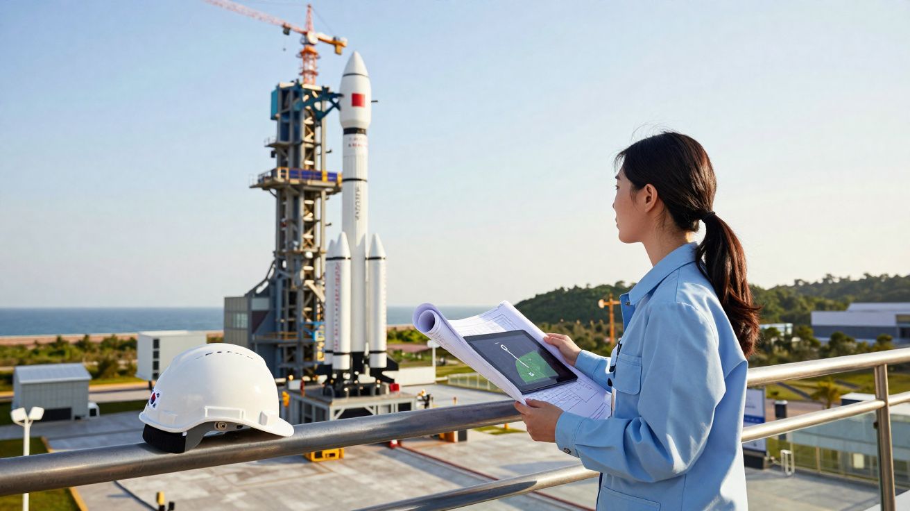 Mulher engenheira olhando para um foguetão na plataforma de lançamento, com capacete numa parede junto a ela.