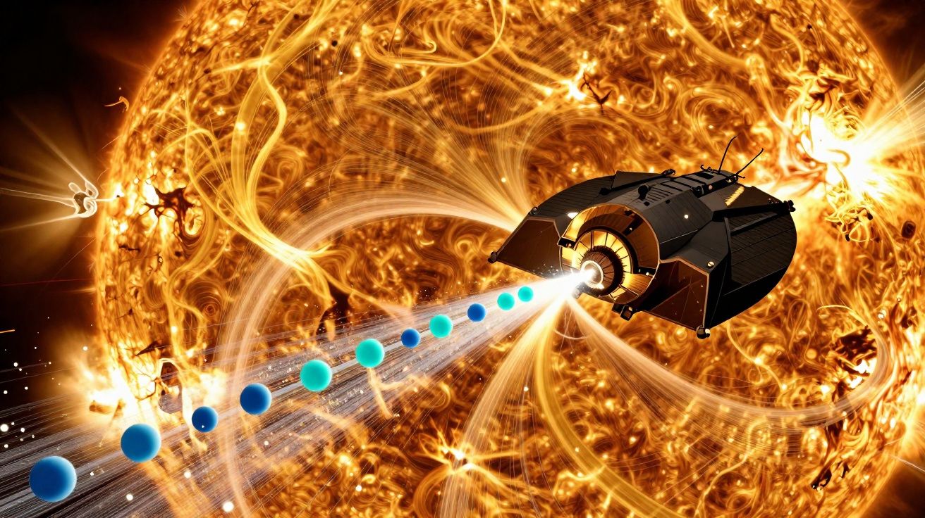 Ilustração de uma sonda espacial a aproximar-se do Sol, com partículas azuis emitidas em direção à estrela.