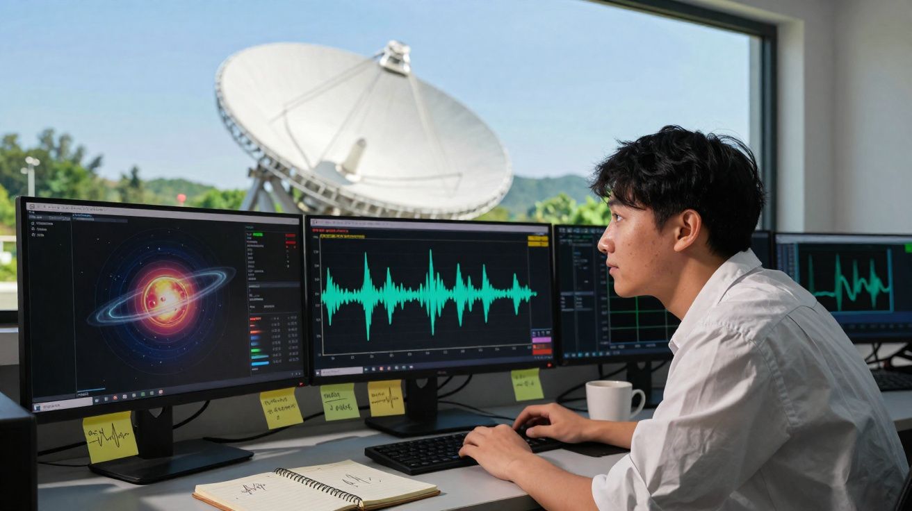 Homem a analisar dados de ondas sonoras em ecrãs de computador com antena parabólica visível através da janela.