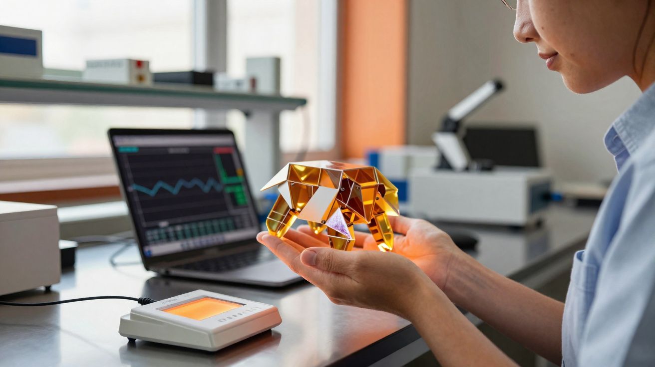 Pessoa segura modelo robótico dourado em laboratório com portátil e equipamento de eletrónica sobre a mesa.