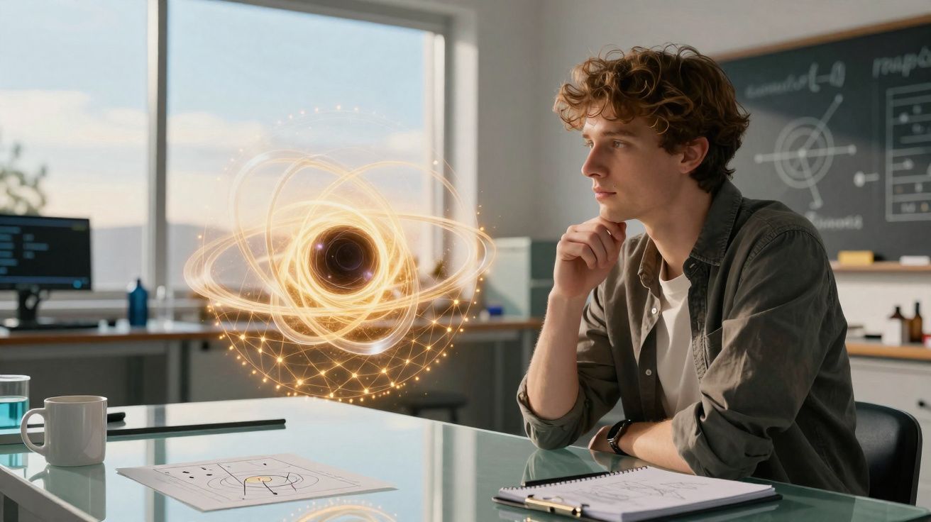 Jovem a observar modelo holográfico de átomo flutuante numa sala de estudo moderna.