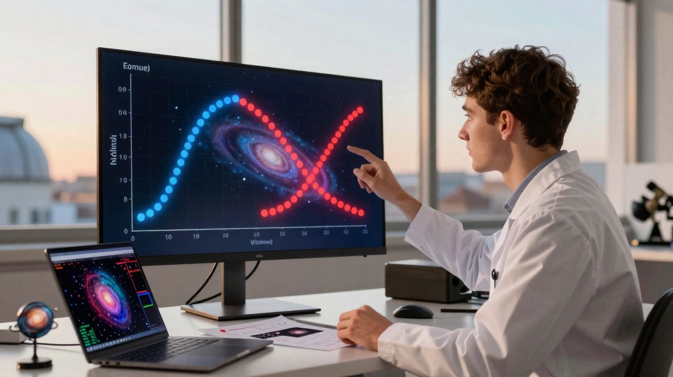 Homem com bata branca analisa gráficos científicos num monitor e portátil numa sala iluminada.