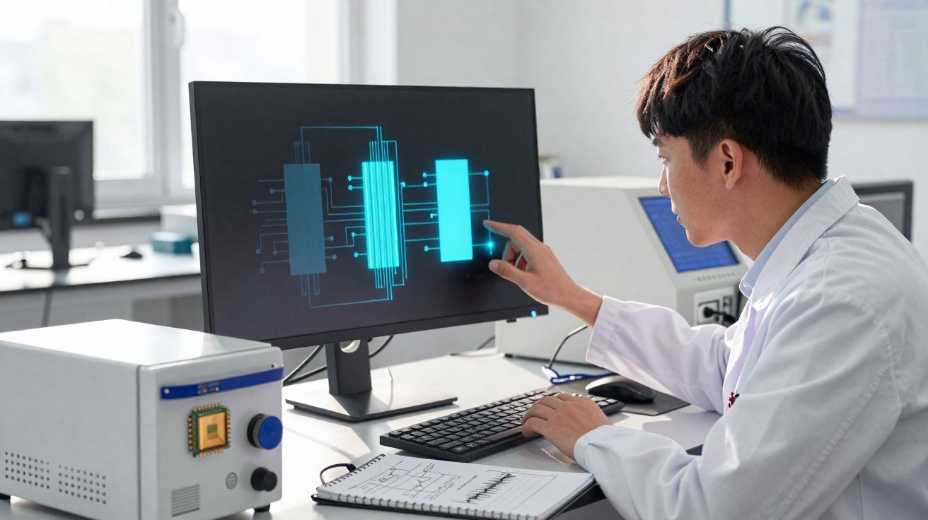 Homem de bata branca analisa esquema tecnológico no ecrã de computador num laboratório moderno.