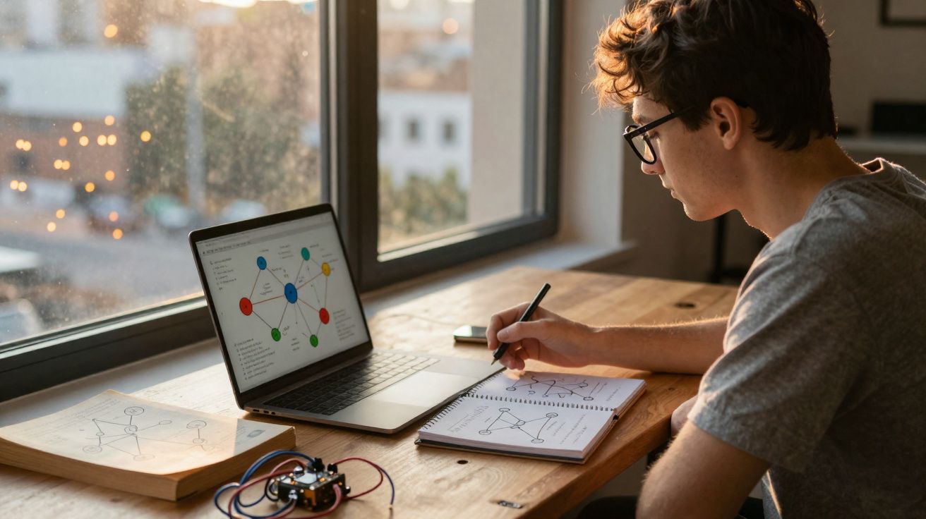Jovem a estudar diagramas em papel e laptop numa mesa junto a janela iluminada pela luz natural.