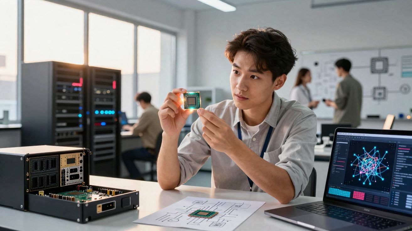 Homem a examinar um chip eletrónico numa mesa com esquemas e um computador portátil aberto com gráfico digital.