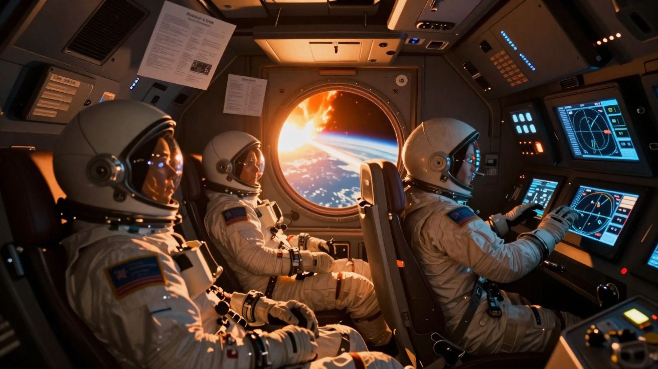 Três astronautas no interior de uma nave espacial observam a Terra com um asteroide a aproximar-se pela janela.