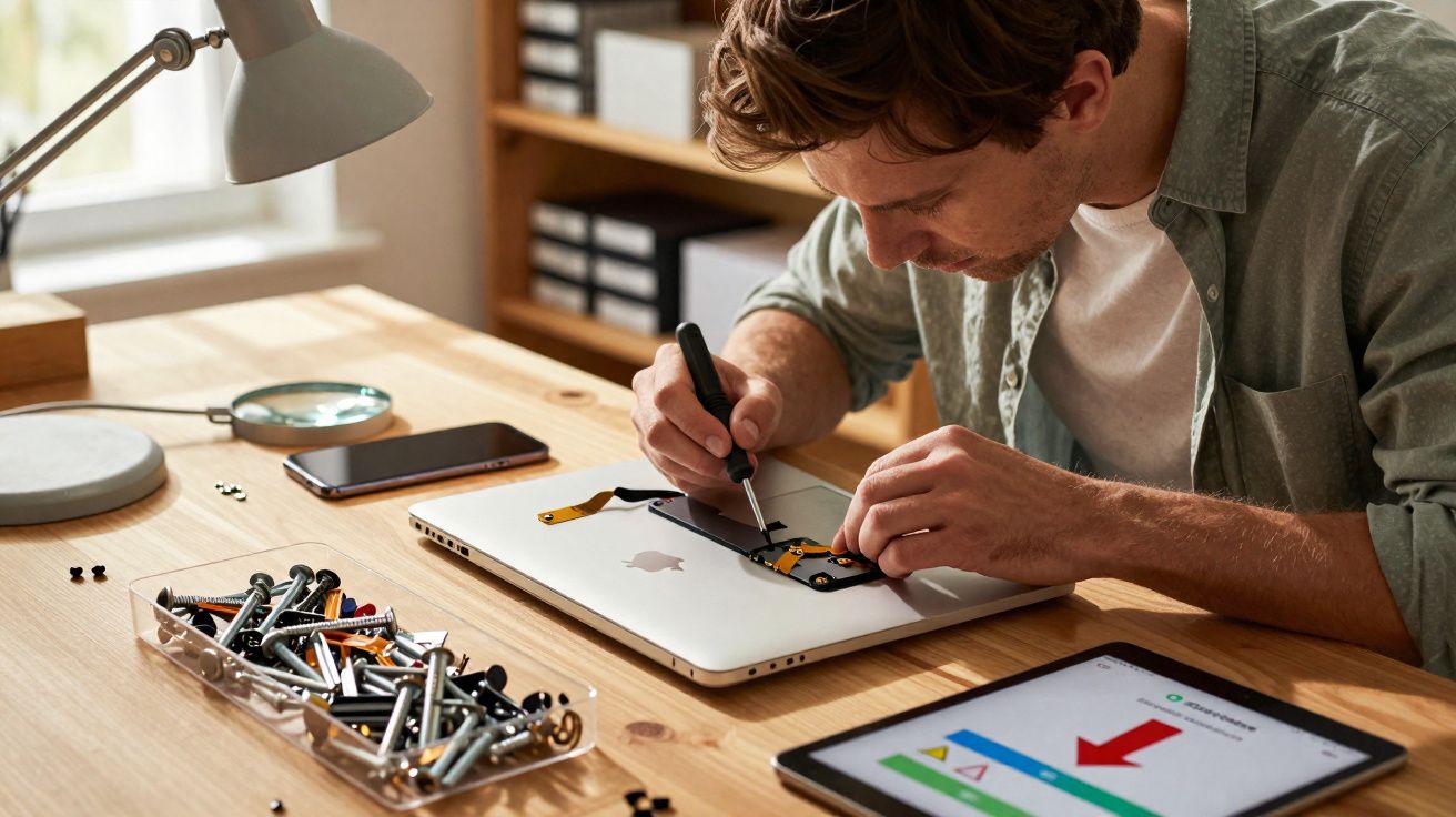 Homem a reparar o interior de um portátil num ambiente de trabalho com várias ferramentas sobre a mesa.