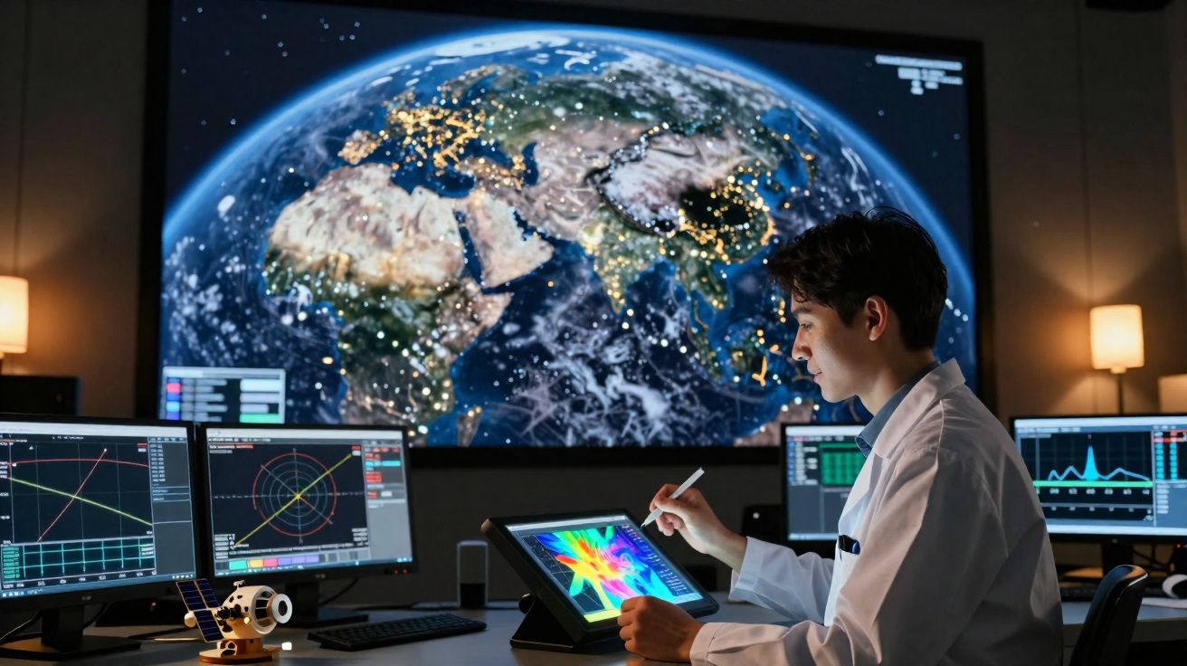 Homem com bata branca a analisar dados digitais em ecrã, com imagem do planeta Terra atrás.