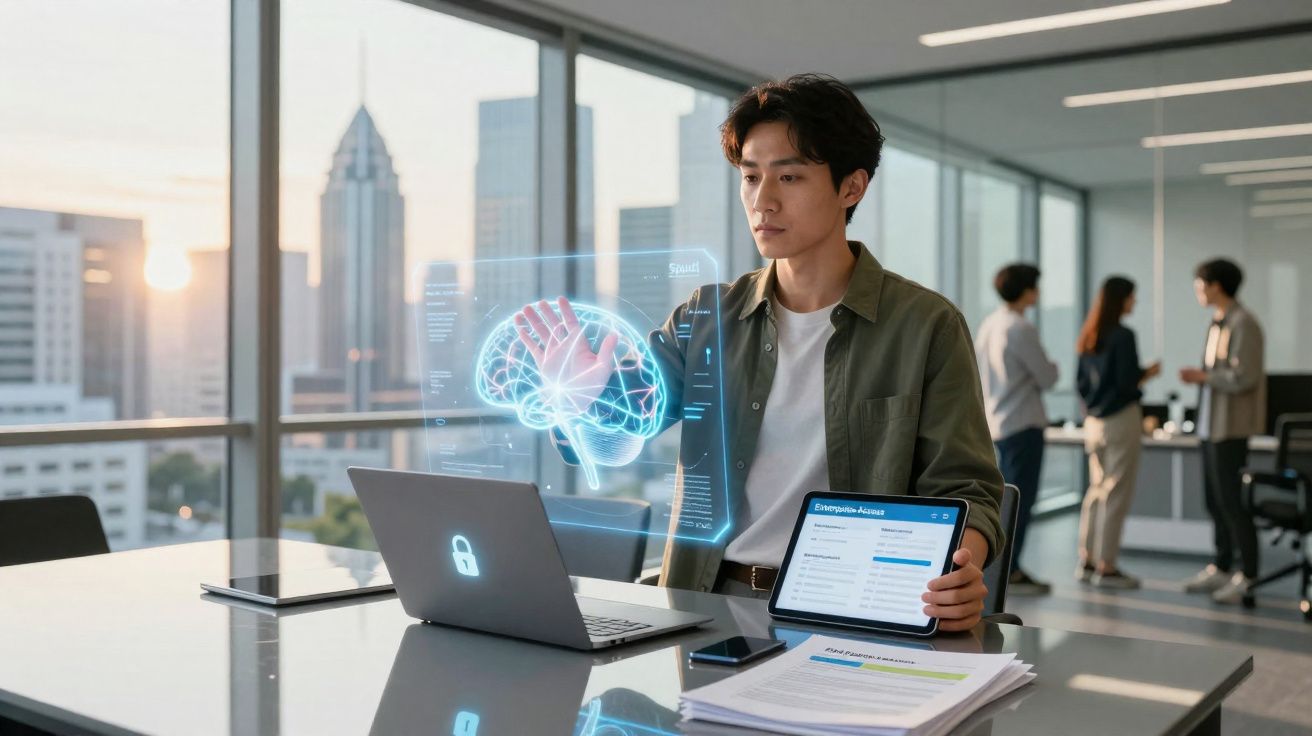 Homem a interagir com holograma de cérebro em escritório moderno com colegas ao fundo.