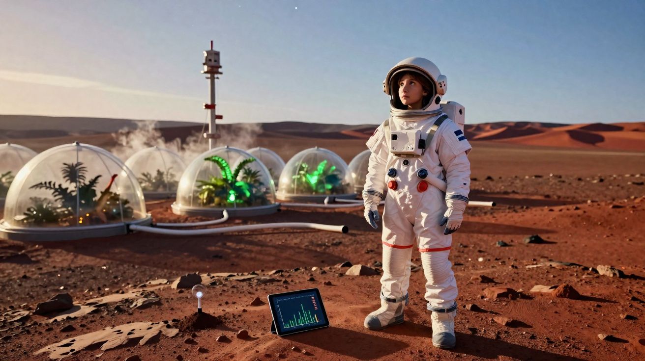 Criança com fato de astronauta em solo marciano perto de estufas transparentes com plantas verdes.