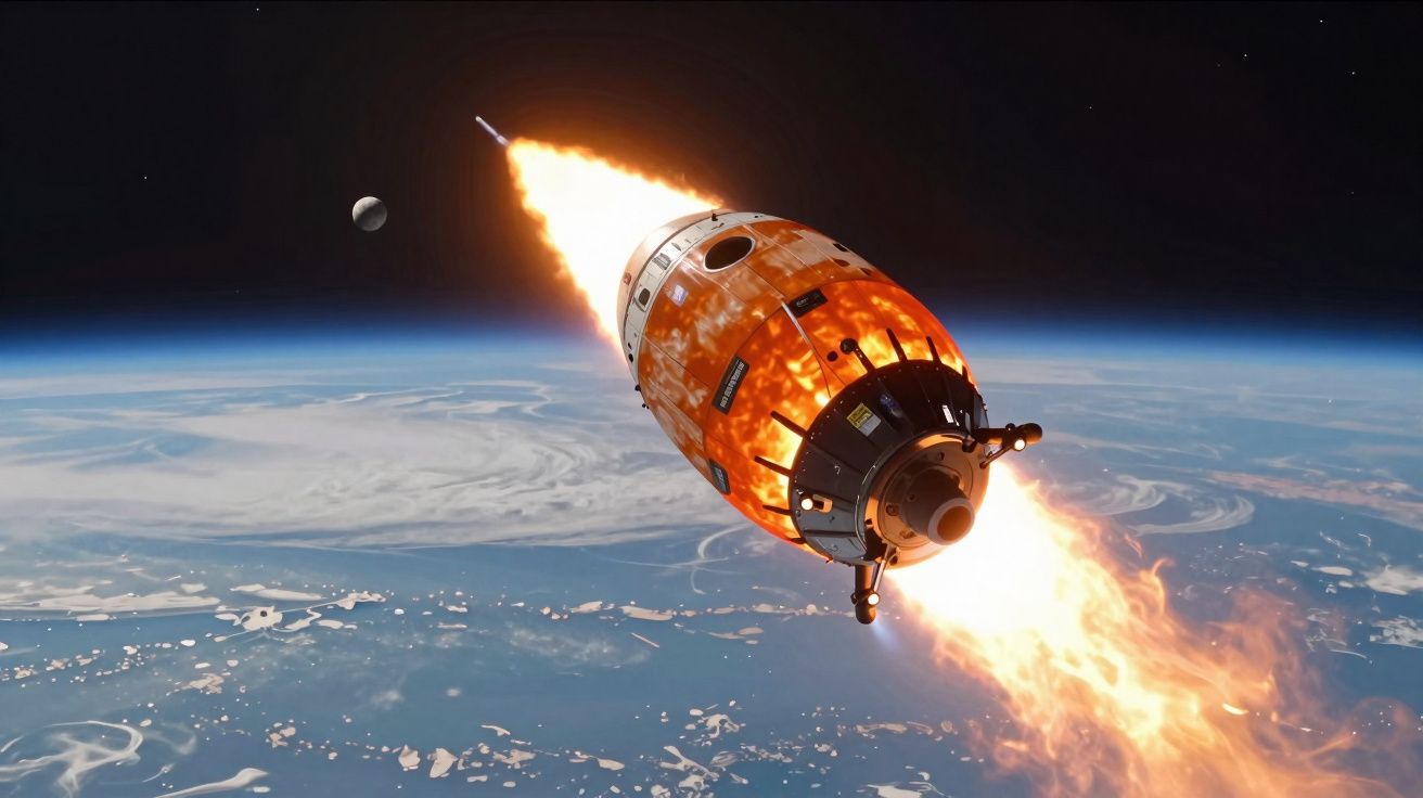 Foguete a lançar-se da Terra com fogo intenso na atmosfera, com a Lua visível ao fundo.