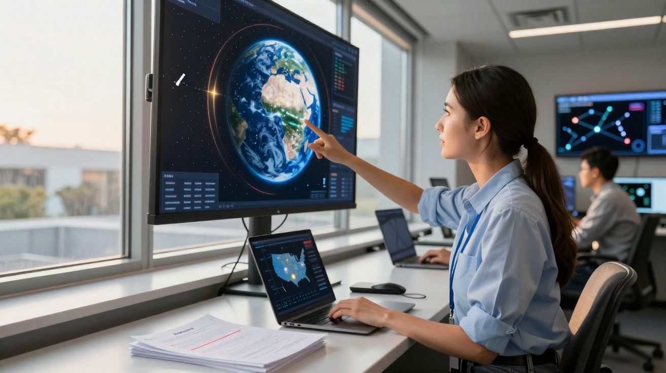 Mulher a analisar imagem digital da Terra num ecrã num escritório moderno com computadores.