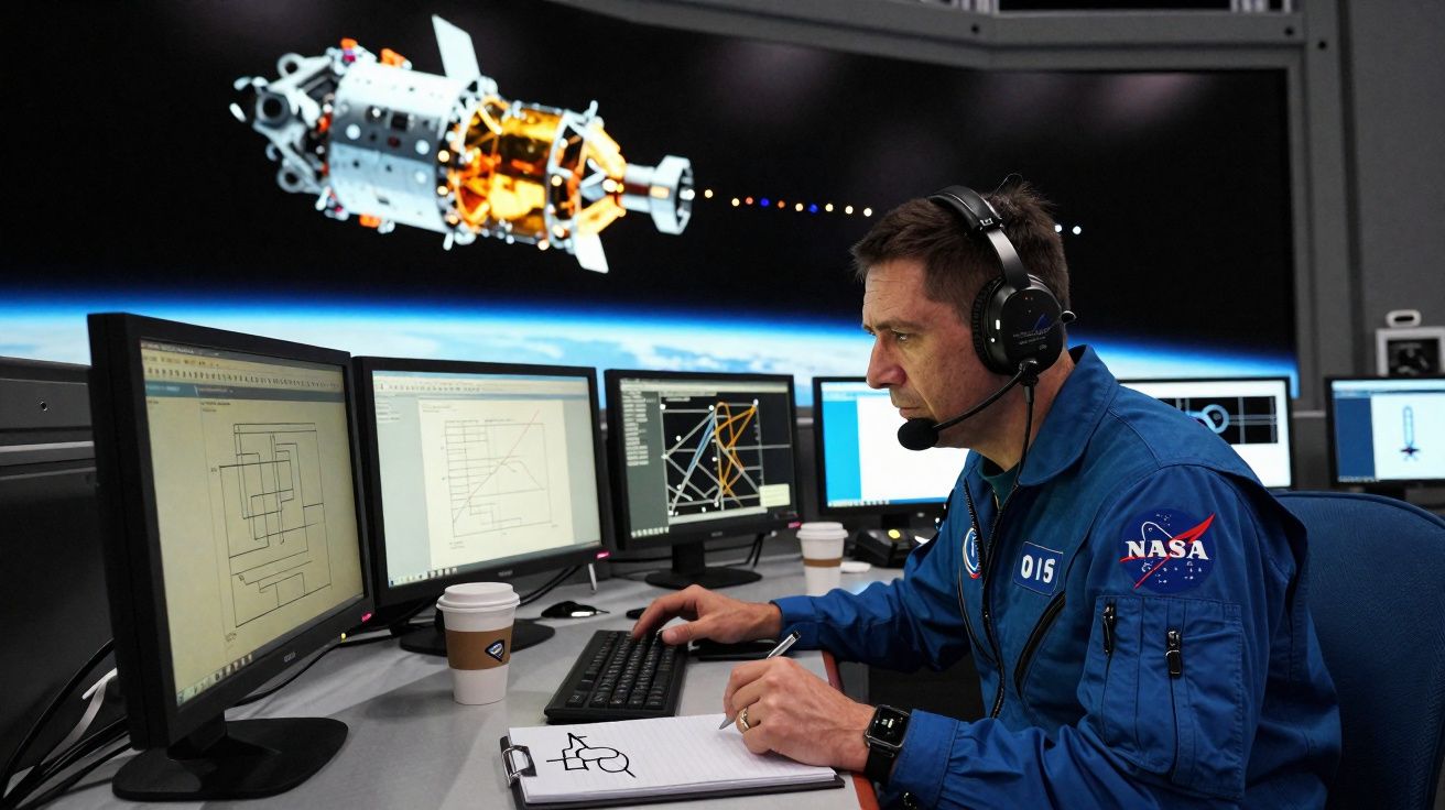 Engenheiro da NASA com fato azul e auscultadores a monitorizar dados de satélite em estação espacial.