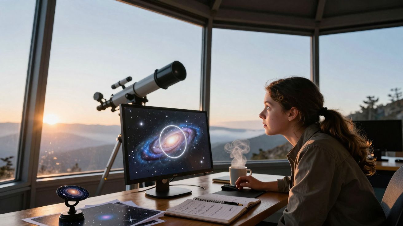 Mulher observando galáxia no ecrã de computador, telescópio e paisagem de montanha ao pôr do sol.