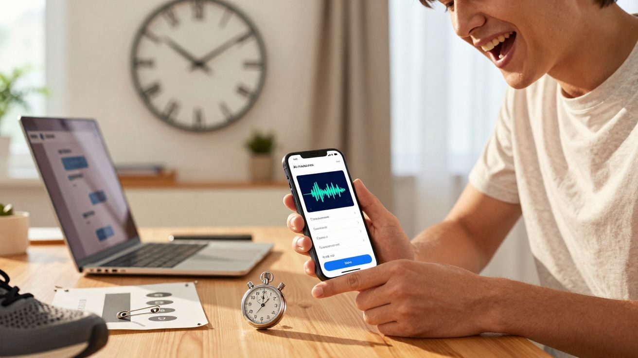 Pessoa sorridente a usar uma aplicação de análise de voz num smartphone, com portátil e relógio de bolso numa mesa.