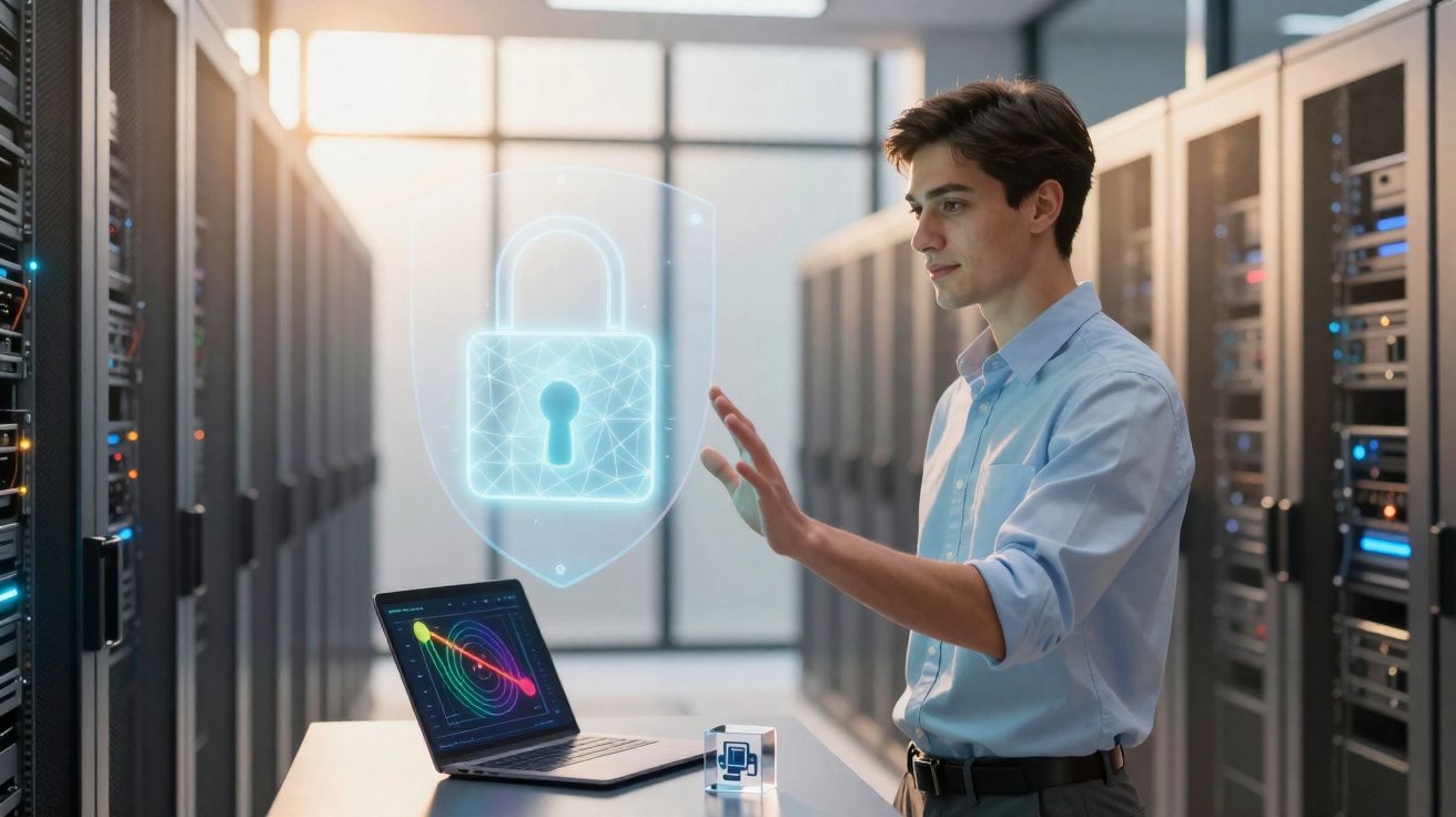 Jovem em centro de dados interage com holograma de cadeado digital, simbolizando segurança informática.
