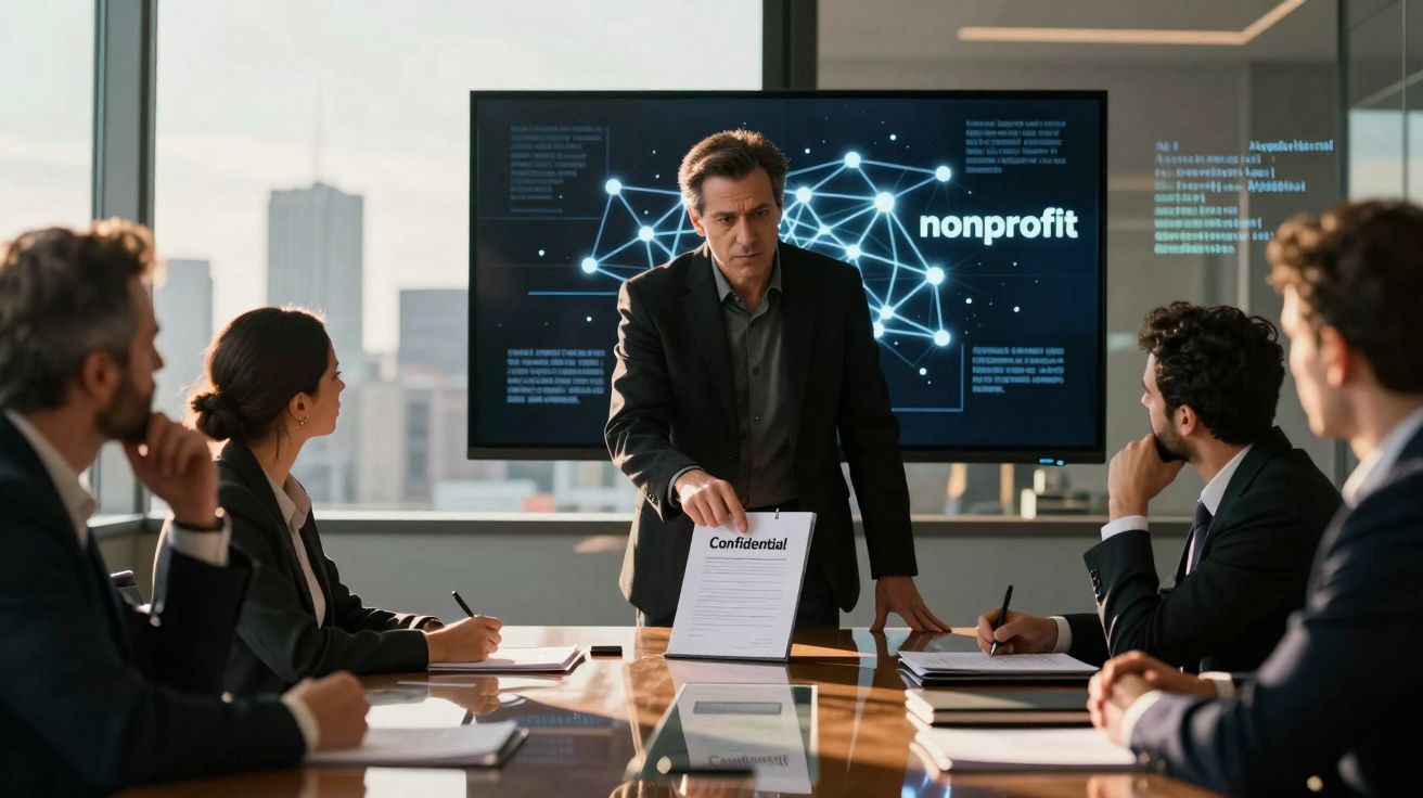 Reunião de negócios com cinco profissionais em escritório moderno, apresentando documento confidencial.