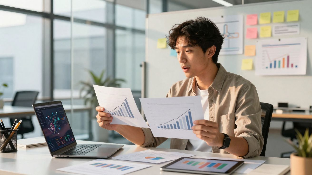 Pessoa jovem avalia gráficos impressos num escritório moderno com laptop e tablet na secretária.