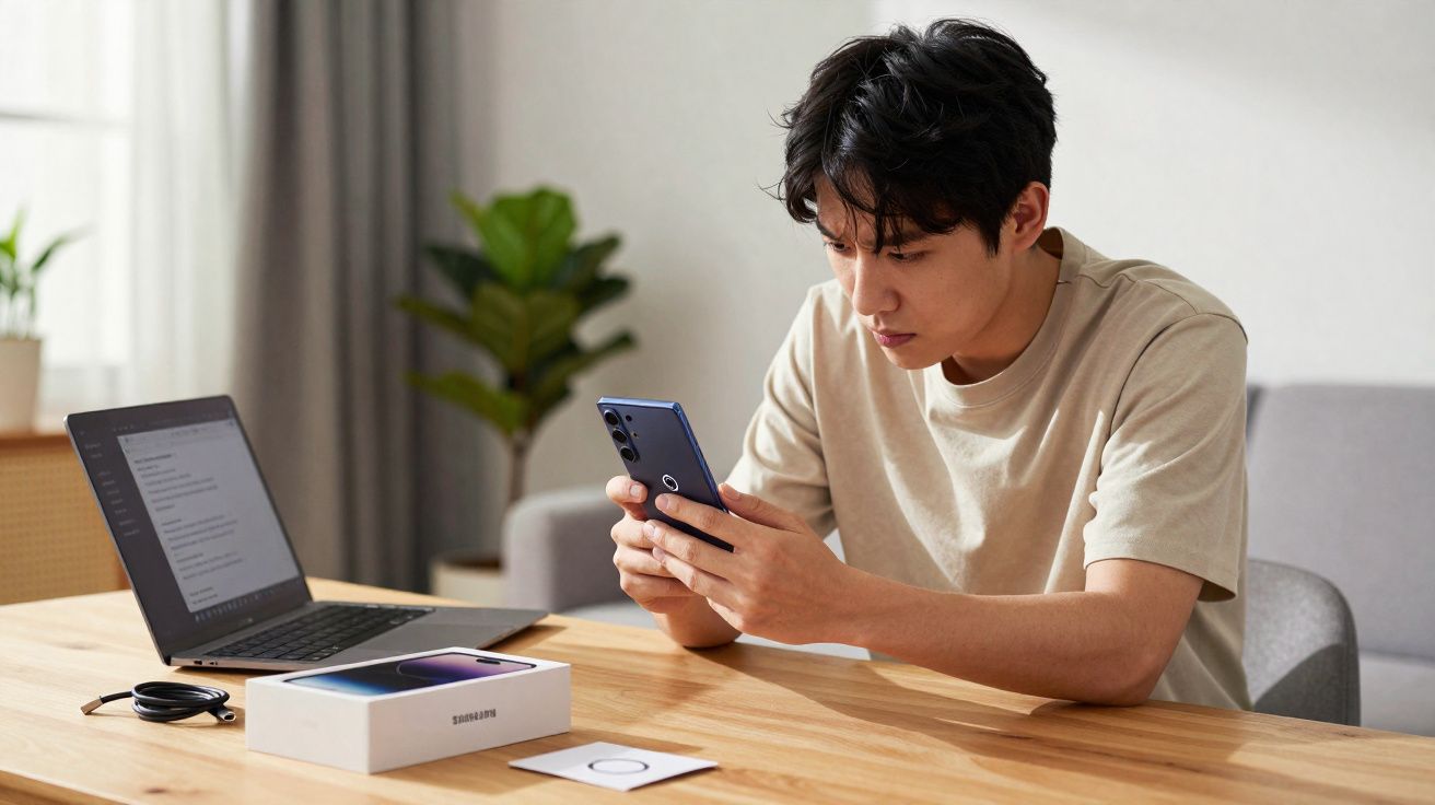 Homem sentado a usar um smartphone Samsung numa mesa com portátil e embalagem de telemóvel.