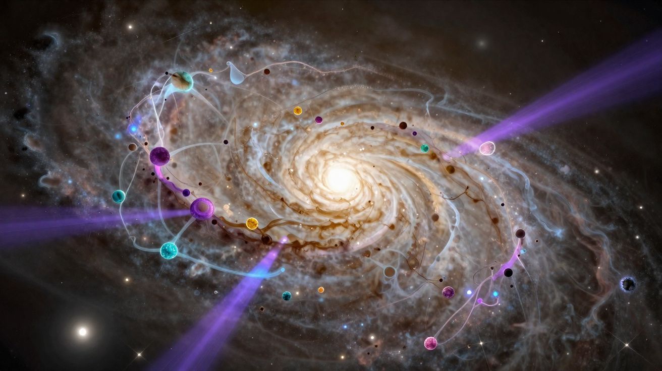 Galáxia espiral com planetas coloridos e feixes de luz roxa no espaço profundo.