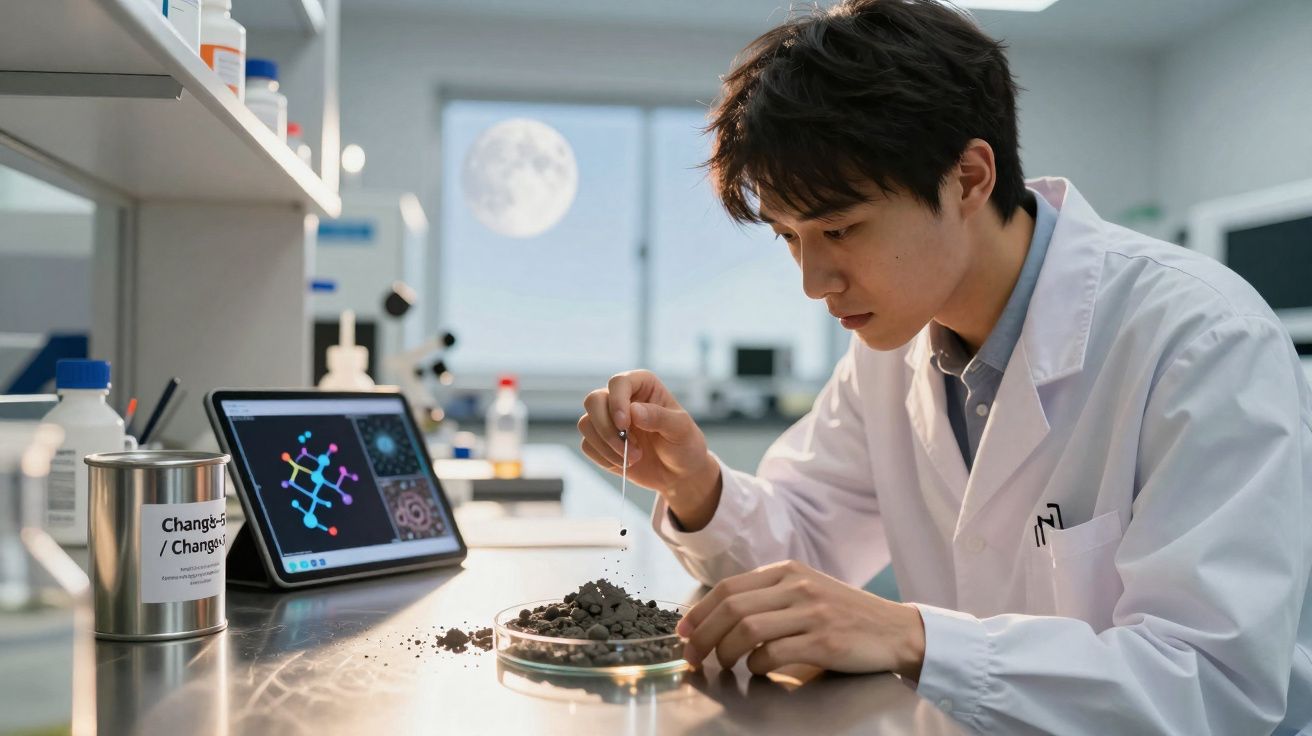 Cientista asiático em laboratório analisa amostra de rochas com tablet e modelos moleculares ao fundo.