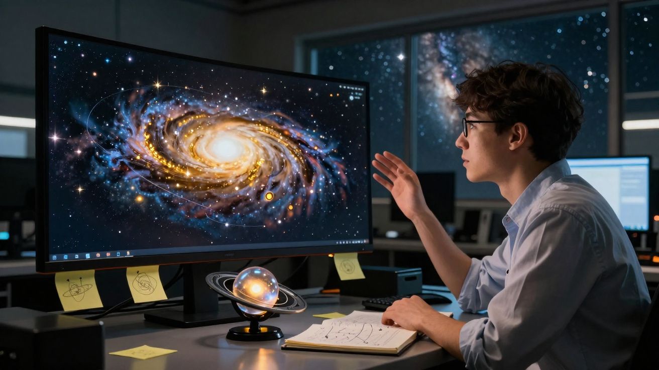 Homem a estudar uma galáxia num ecrã grande, com modelo de planeta e caderno na secretária.