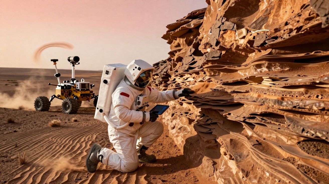 Astronauta examina rocha em ambiente marciano com rover ao fundo sob céu cor-de-rosa.