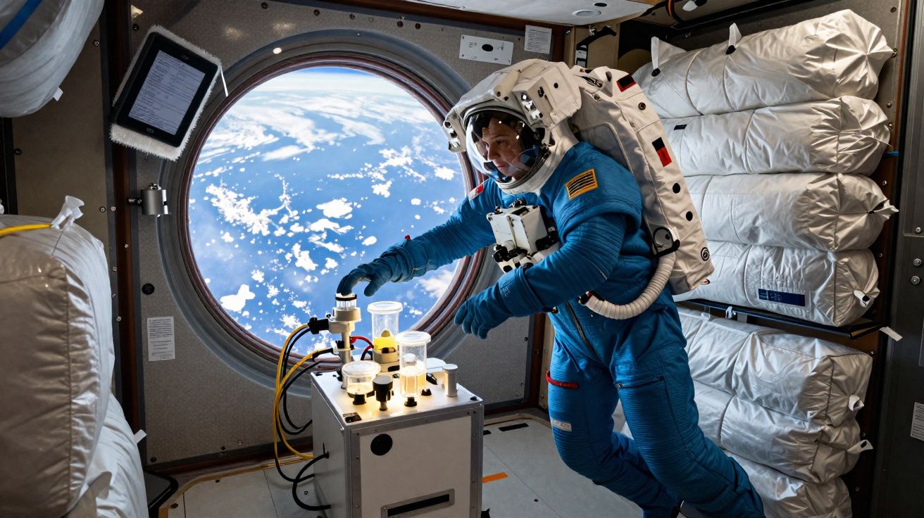 Astronauta em fato azul realiza experiência científica junto a janela com vista para a Terra no espaço.
