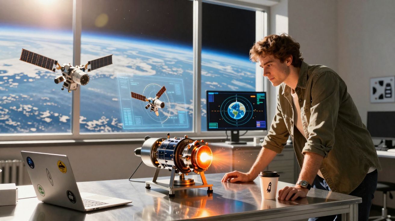 Homem a trabalhar num modelo de motor espacial numa sala com vista para satélites e a Terra em fundo.