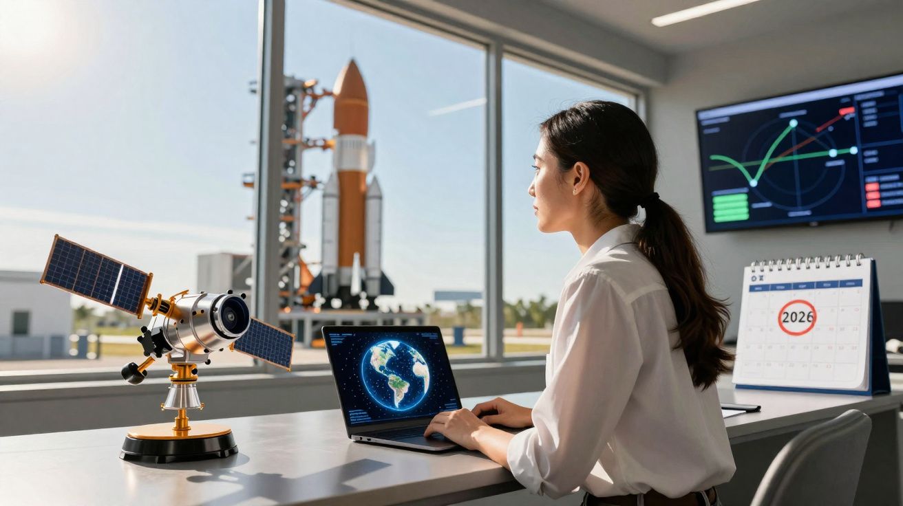 Mulher em laboratório espacial observa modelo de satélite, computador com globo e foguetão ao fundo.