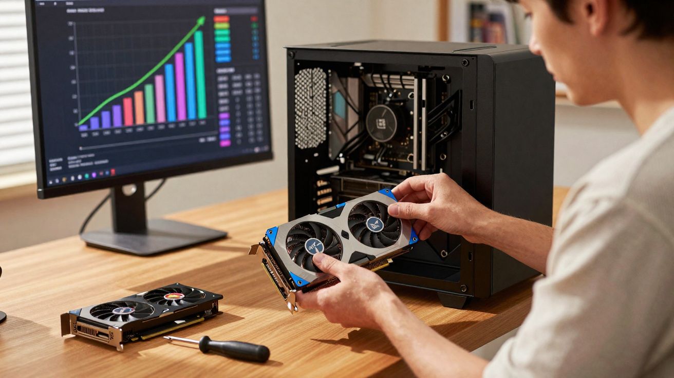 Pessoa a instalar uma placa gráfica num computador aberto com gráfico colorido num monitor ao fundo.