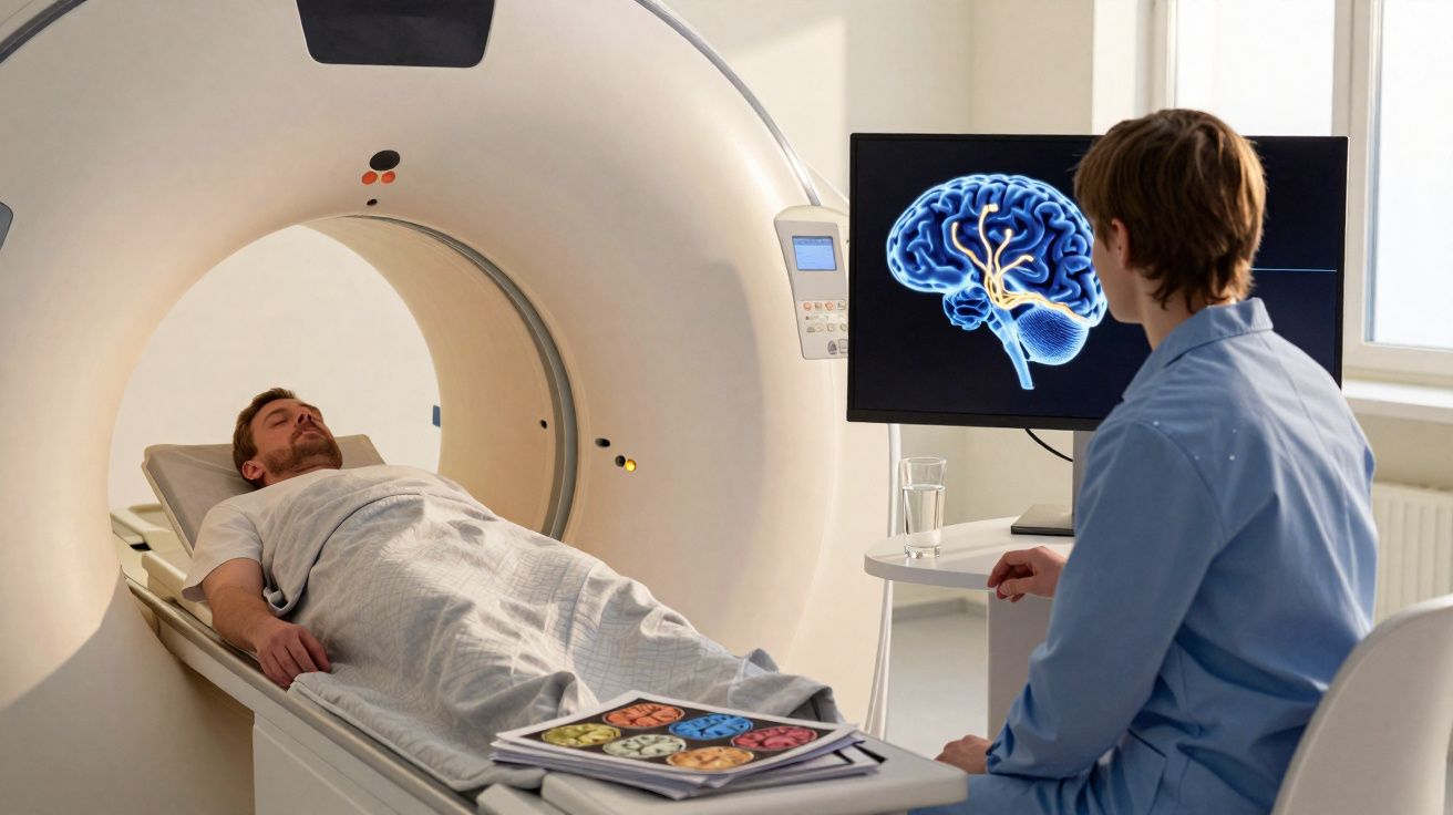 Paciente deitado em máquina de ressonância magnética enquanto técnico analisa imagens cerebrais no ecrã.