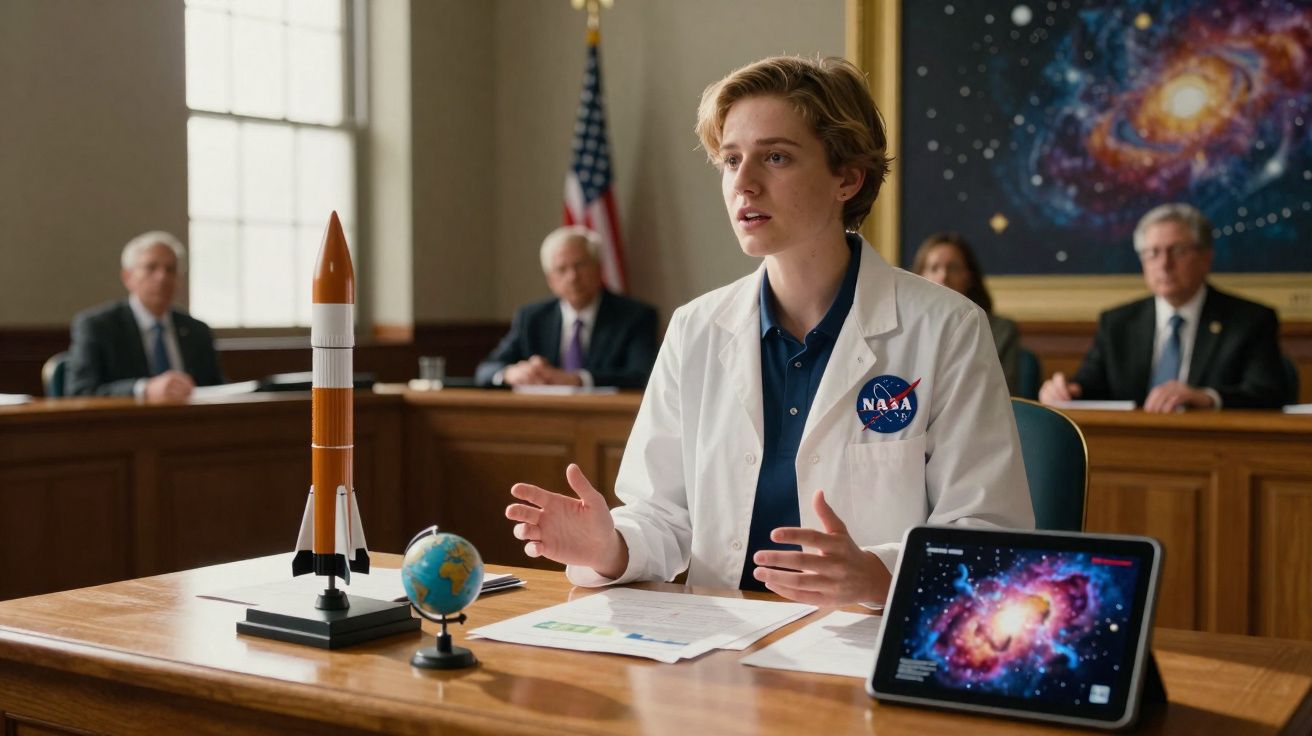 Pessoa com bata da NASA apresenta maquete de foguetão e globo terrestre numa reunião formal com público ao fundo.