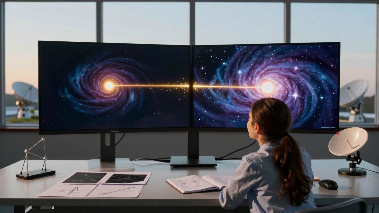 Menina estudando cientificamente sistema estelar em dois ecrãs numa mesa com instrumentos e material de estudo.