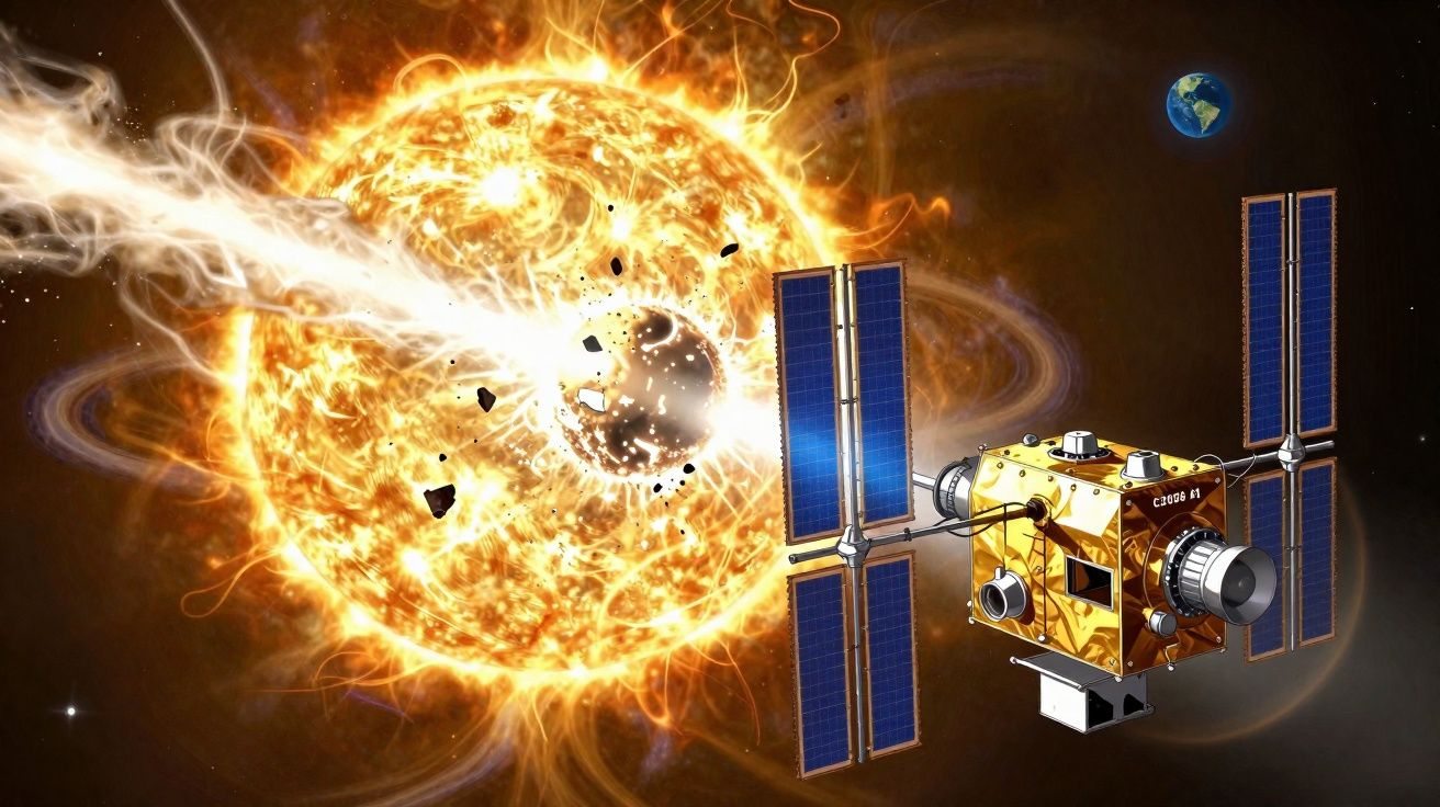 Sonda espacial próxima a uma estrela em erupção com detritos no espaço e a Terra ao fundo.