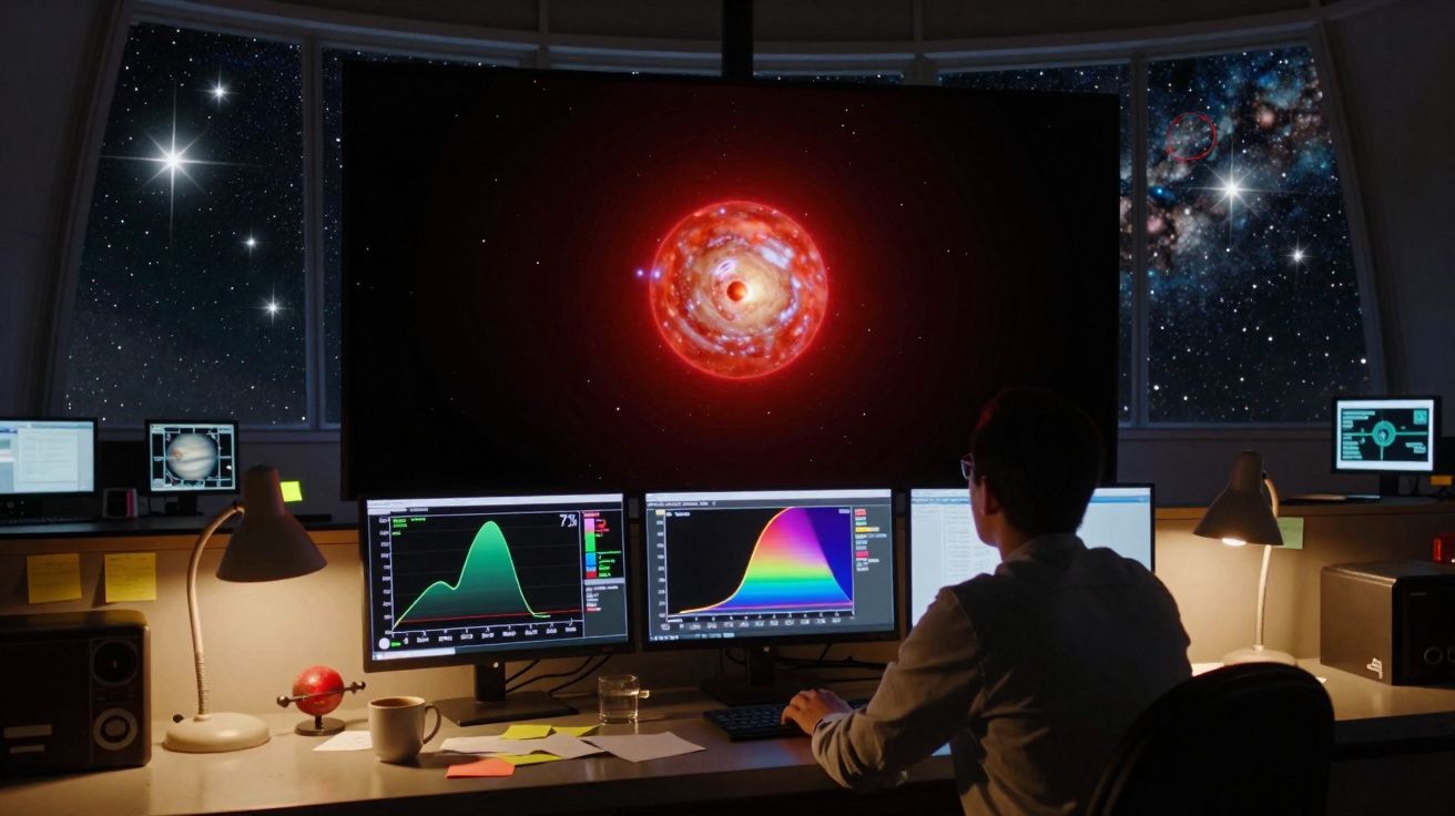 Pessoa a analisar dados científicos no computador com imagens de estrelas e galáxias numa sala escura.