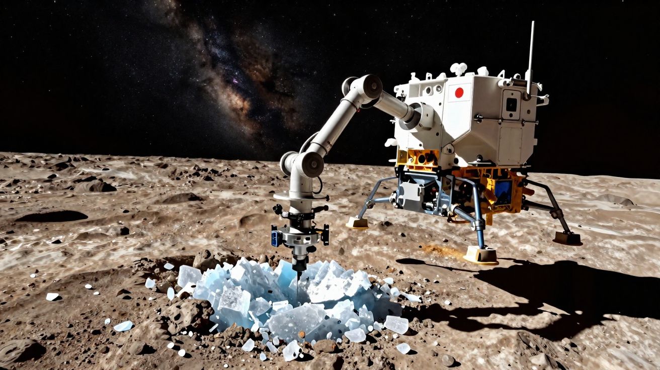 Sonda espacial japonesa a recolher amostras de cristais no solo lunar sob céu estrelado.