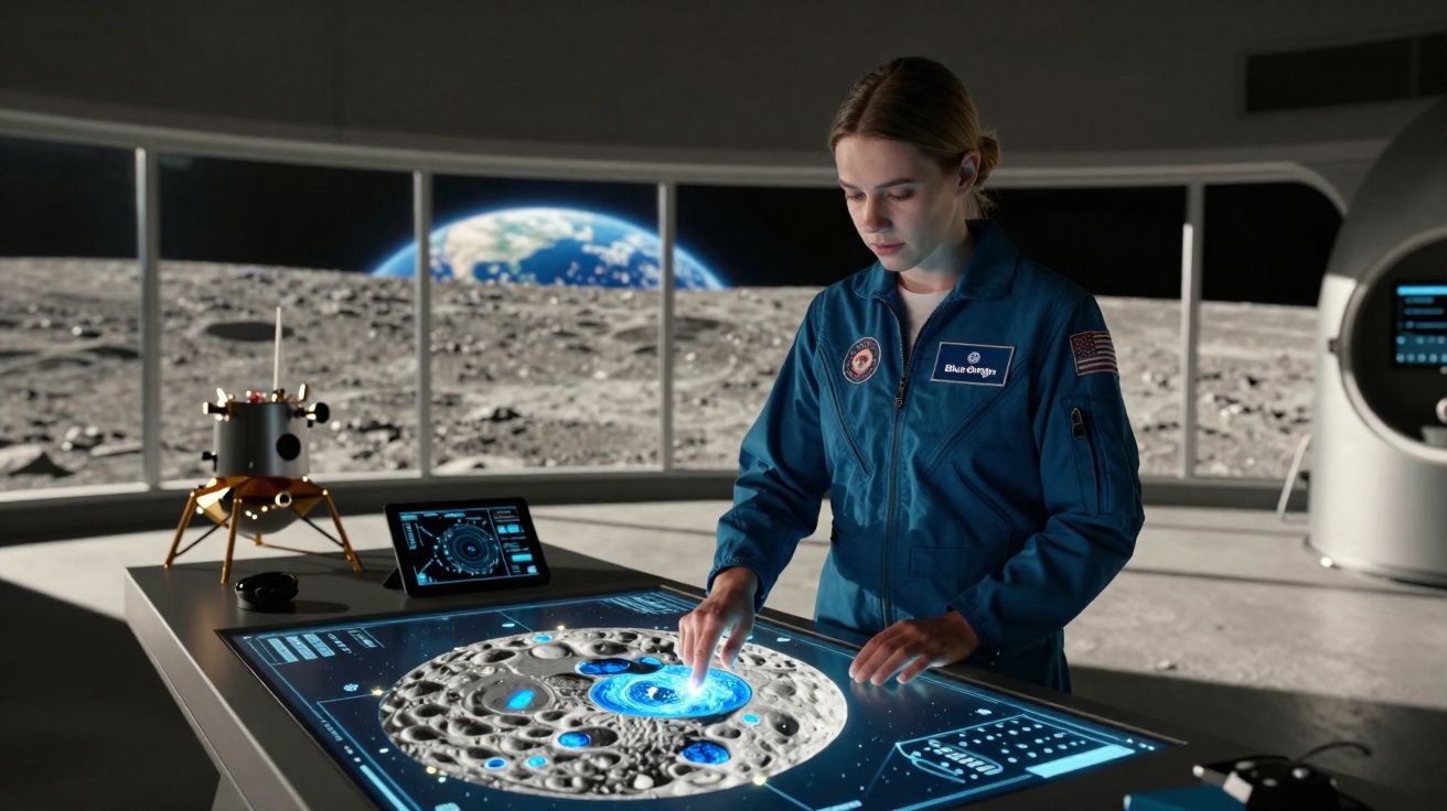 Mulher astronauta interage com mesa digital táctil que exibe mapa da superfície lunar, cenário da Lua ao fundo.