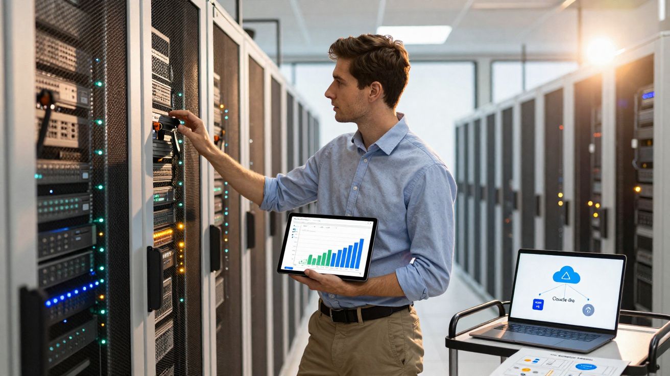 Técnico informático ajusta servidores num centro de dados enquanto consulta gráficos num tablet.