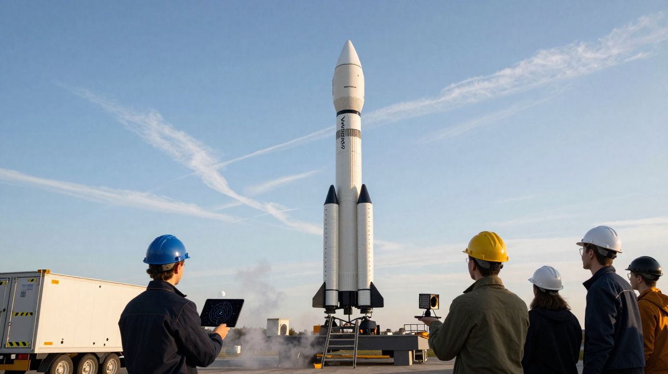 Foguete branco em posição de lançamento com cinco pessoas de capacete a observá-lo numa plataforma ao ar livre.